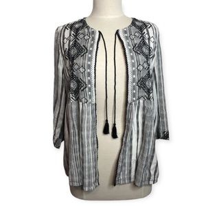 Lucky Brand Open Front Black & White Cardigan With Tassels Embroidery